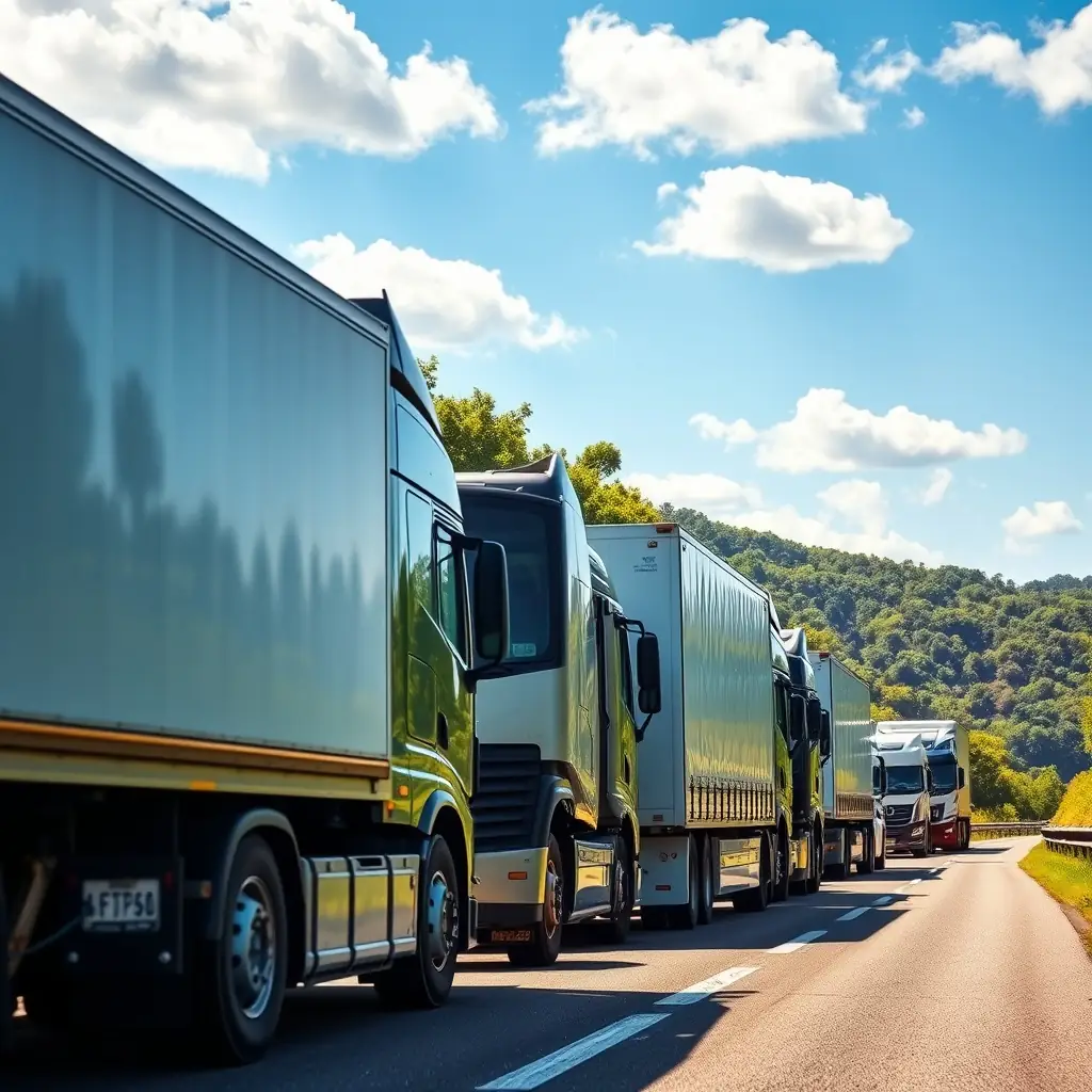 A line of trucks on the road with trees in the background.