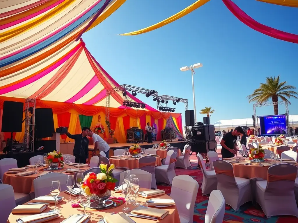 A tent with tables and chairs set up for an event.