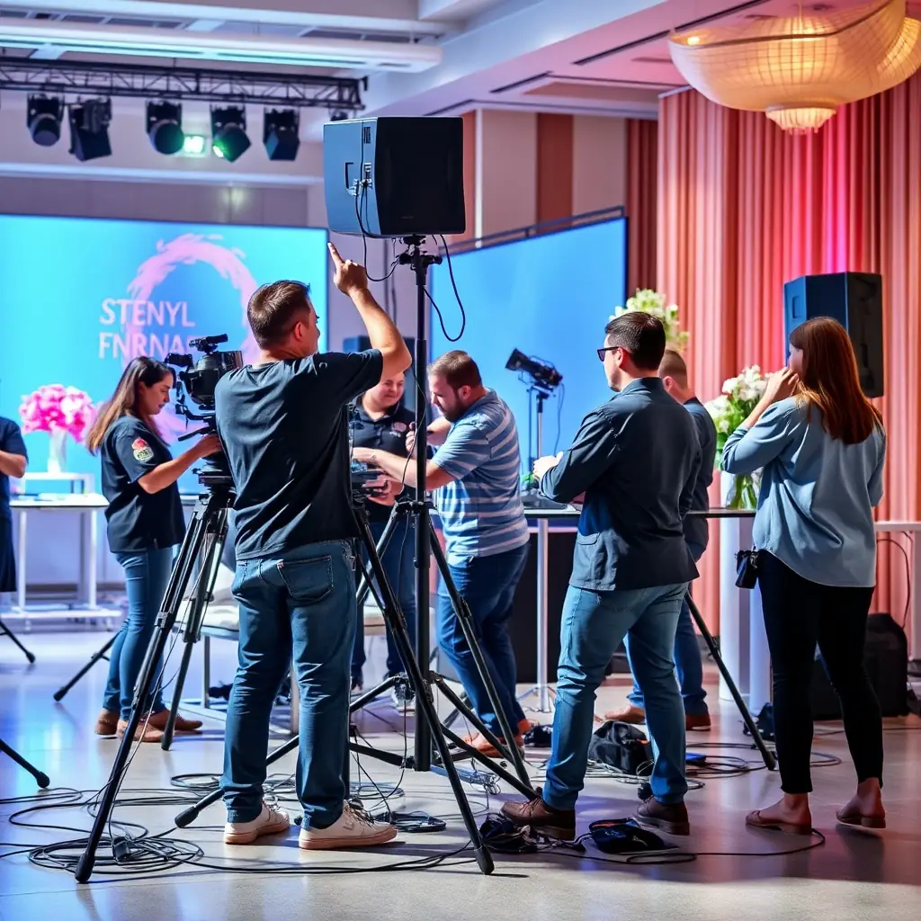 A group of people standing around in front of microphones.